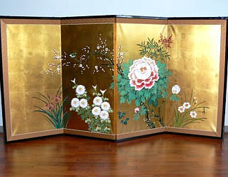 японская антикварная золотая ширма с авторской росписью