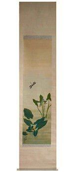 японский рисунок на свитке Стрекоза над кувшинкой