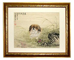 японская картина в раме  Японская собачка - хин, 1950-е гг.