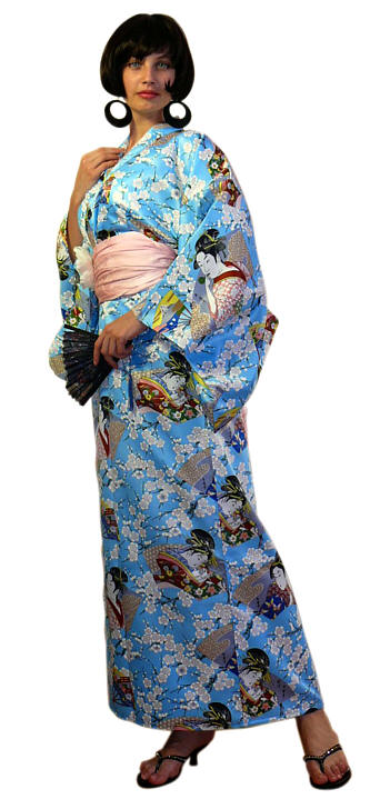 женский халат-кимоно КРАСАВИЦЫ ЭДО из иск. шелка, сделано в Японии